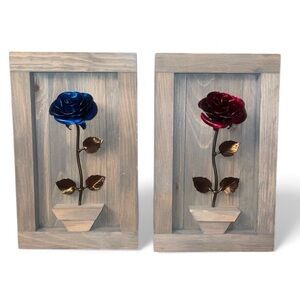 Framed Blue or Red Metal Rose Wall Decor